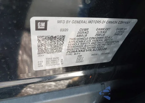 2020 Chevrolet Equinox Fwd Lt 1.5L Turbo z USA, uszkodzony, nr VIN 2GNAXKEV0L6238109